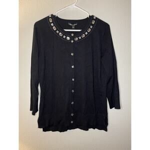 Cable & Gauge Sweater Size Large Cardigan Jewel Diamond Bedazzled Black NEW